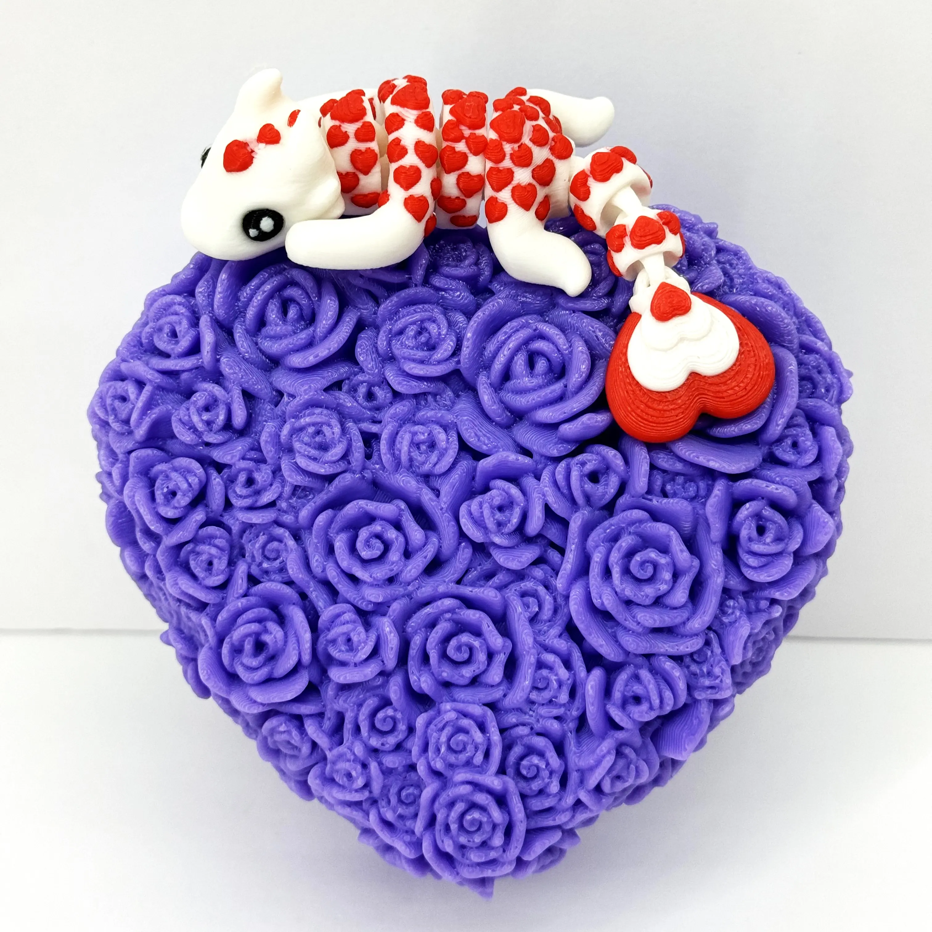 Rose Heart Trinket Box, 3D Printed Heart Container with Valentine Love Dragon, Anniversary Gift Valentine's Heart Dragon