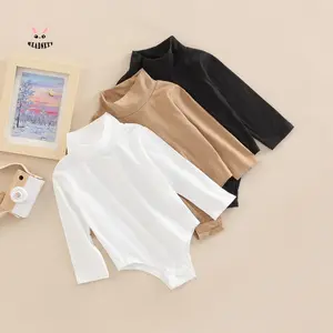 0-24M Unisex Spring Romper Cotton Blend Turtleneck Long Sleeve High Stretch Solid Jumpsuit