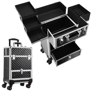 Rolling Makeup Case Professional Cosmetic Trolley Train Case with 4 Trays Salon Barber Hairdressing Case Traveling Nail Organizer