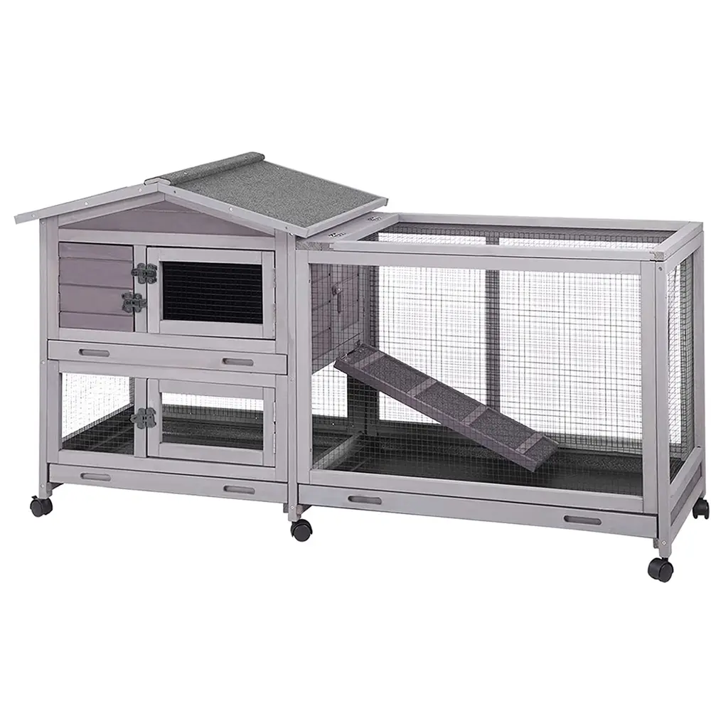 Aivituvin-AIR19 Wooden Rabbit Hideout - Indoor-Outdoor Bunny Enclosure for 1-2 Bunnies, 9.6ft² Inner Space, Easily Cleaned with Leakproof Removable Trays, Locking Wheels (Small Animal Habitat)