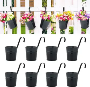 Flower Pots,10 Pcs Metal Iron Hanging Flower Plant Pots Balcony Garden Plant Planter Baskets Fence Bucket Pot 4'' Flower Holders with Detachable Hook Black