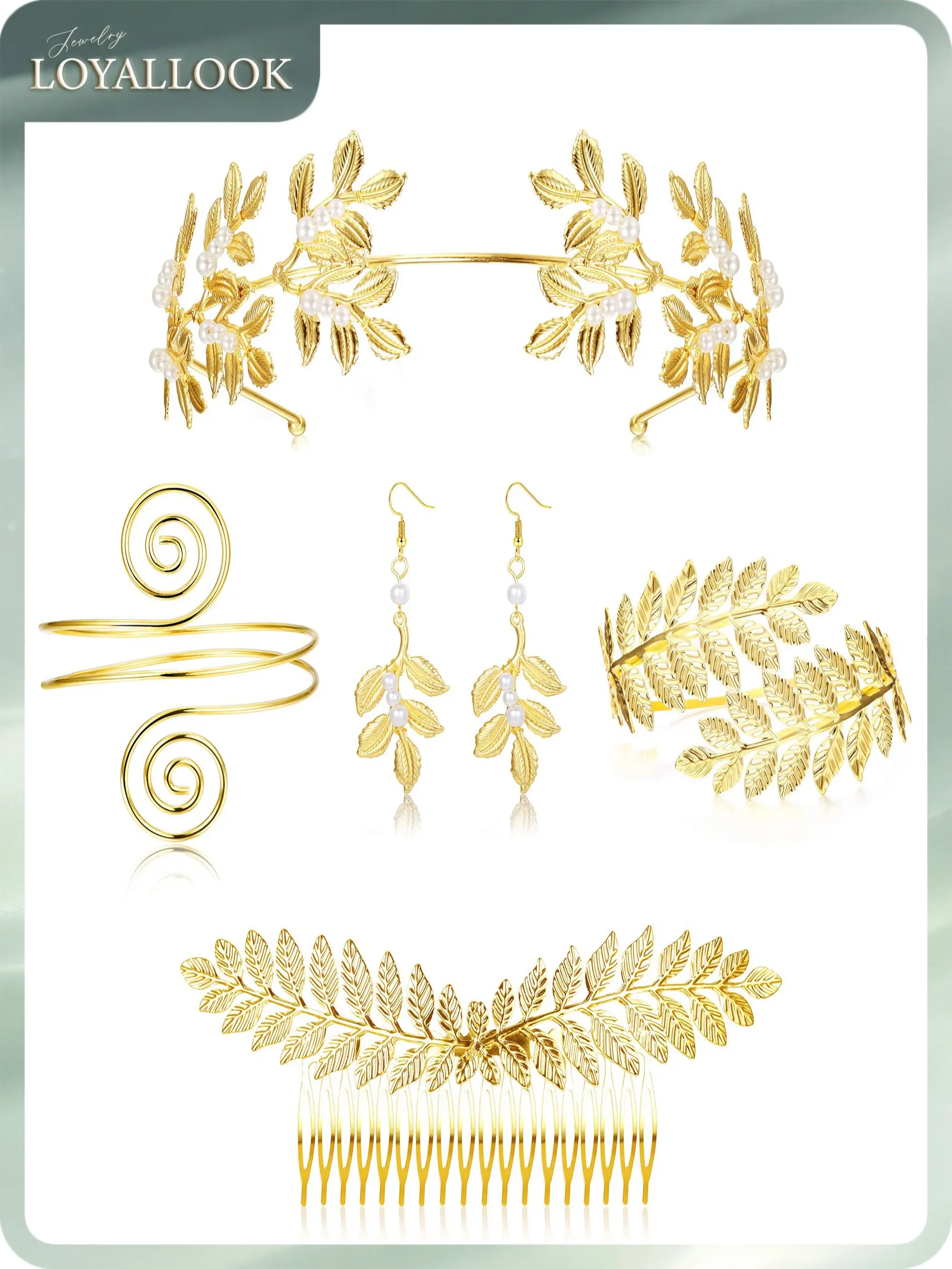 LOYALLOOK 5Sets Grecian Goddess Costume Accessories Set Greek Leaf Headband Coil Bracelet Artificial Pearl Earrings Golden Leaves Bridal Hair Comb for Women Wedding Party