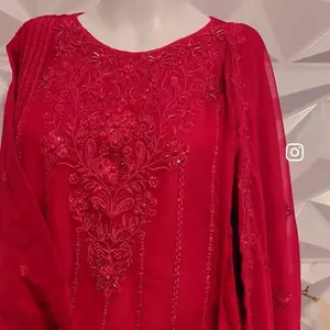 Shafon Pakistani Dress Red Dark Pink Velvety Color with Intricate Embroidery and Beads