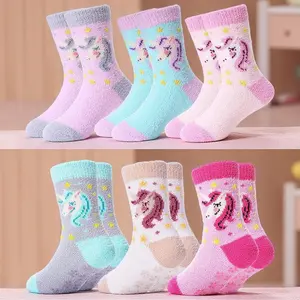 L-F04   6 Pack Kids Girls Toddlers Non Slip Socks with Grips - Fluffy Cozy Cabin Plush Warm Crew Socks, Fuzzy Slipper Socks