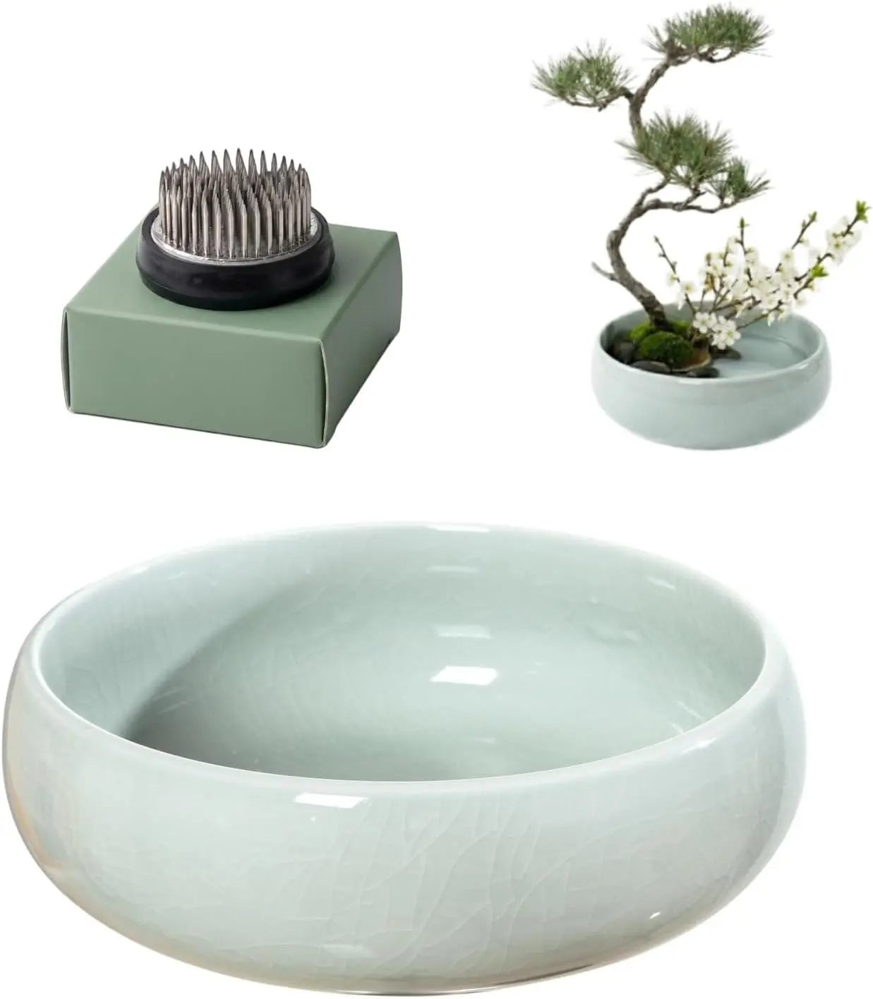 Bowl Planter Kit - Japanese Compote Bowl Ikebana Vase Set w/ 1.8" Floral Frog Ideal for Ikebana, Flower Arrangement & Hydroponic Planting (Ice Crackle Celadon)