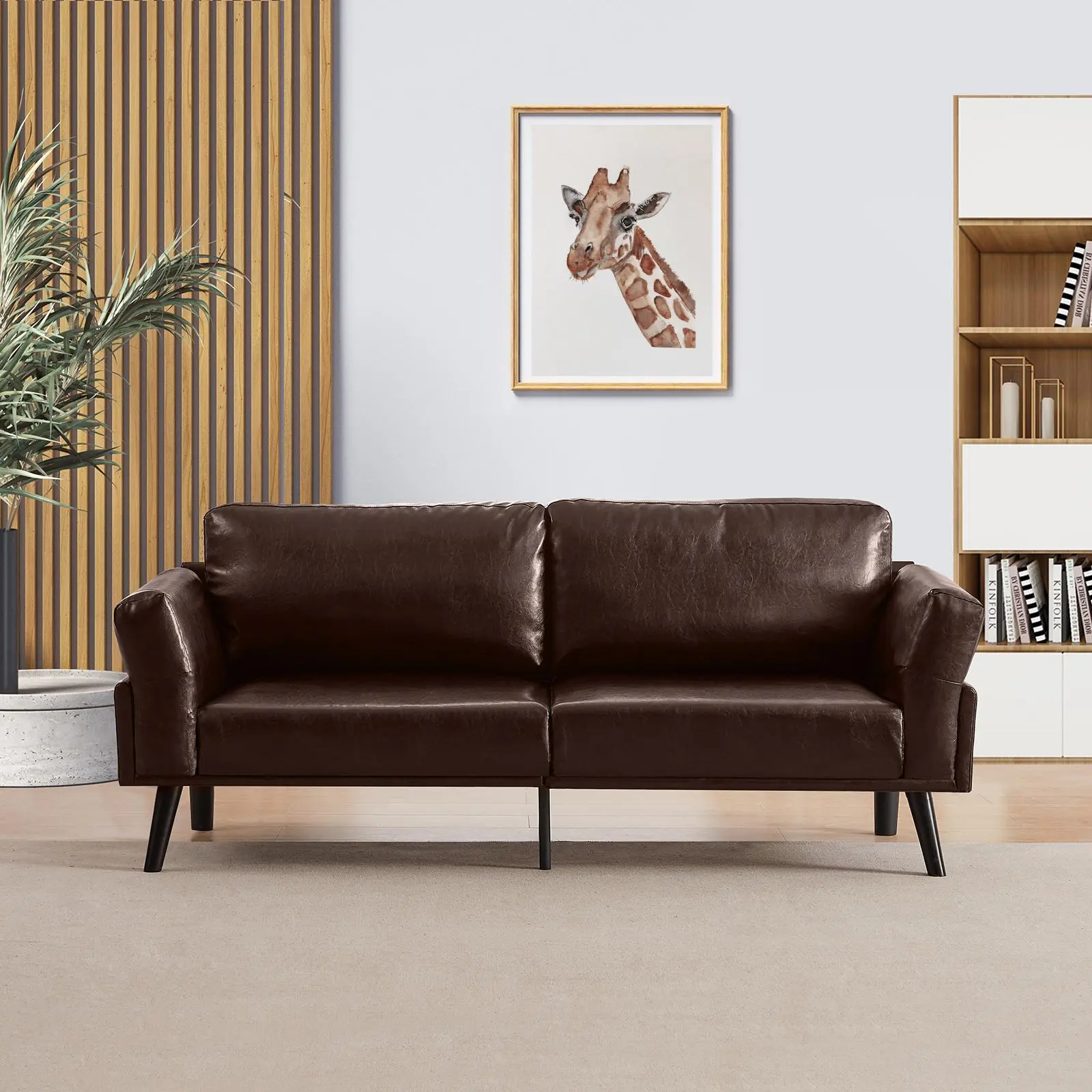 73.6"W 3-Seater Mid-Century Modern Faux Leather Sofa Couch with 2 Bolster Pillows, Comfy Love seat Couch for Office, Dorm, Apartment, Living Room, Bedroom