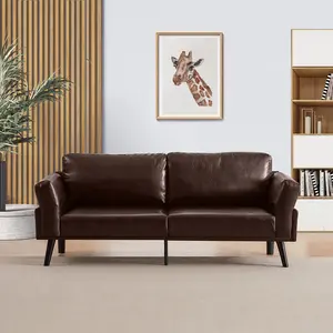 73.6"W 3-Seater Mid-Century Modern Faux Leather Sofa Couch with 2 Bolster Pillows, Comfy Love seat Couch for Office, Dorm, Apartment, Living Room, Bedroom