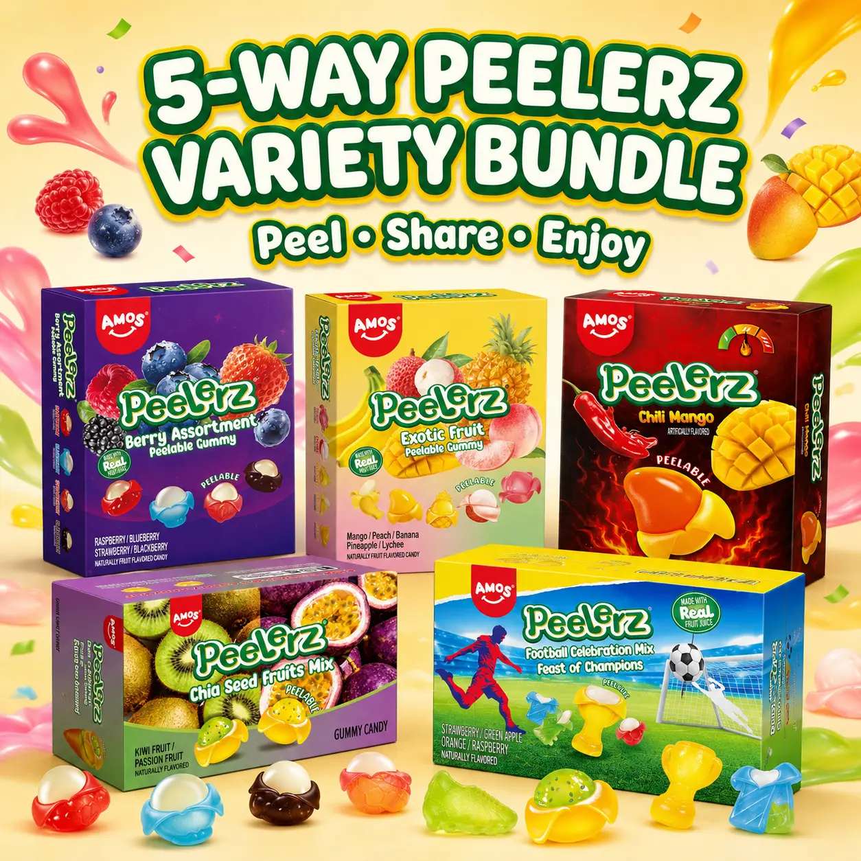 AMOS Peelerz 5-Box Variety Bundle, Peelable Gummy Candy with Berry, Exotic Fruit, Chili Mango, Chia Seed Fruit & Football Mix, Fun Candy for Sharing, 8.47 oz Each