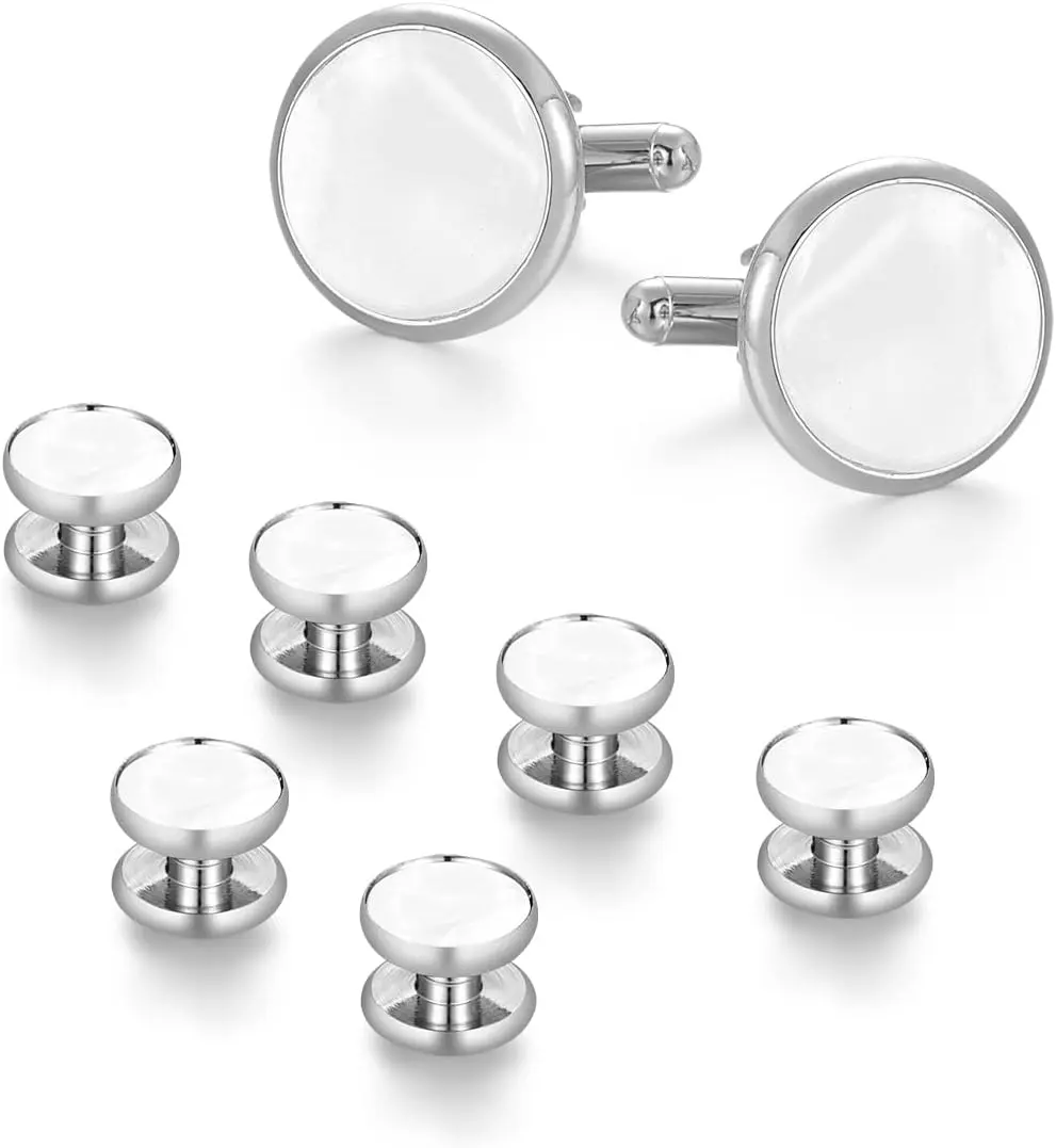 Mens Classic Shirts Cufflink Studs, Mother-of-Pearl Tuxedo Shirt Button and Cuff Links Set, Formal Business Wedding Jewelry