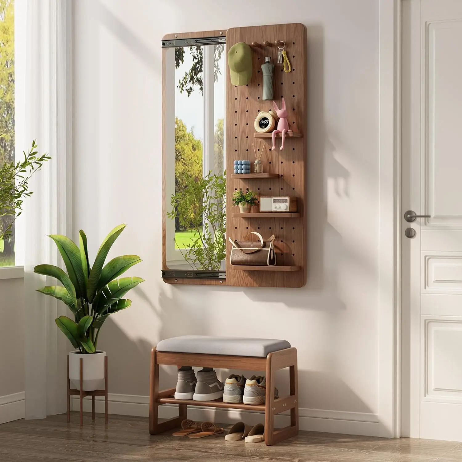Modern Hallway Entry Mirror with Integrated Storage Panel | Space-Saving & Stylish Design for Home Décor + Bonus LED Lighted Makeup Mirror Free Gift
