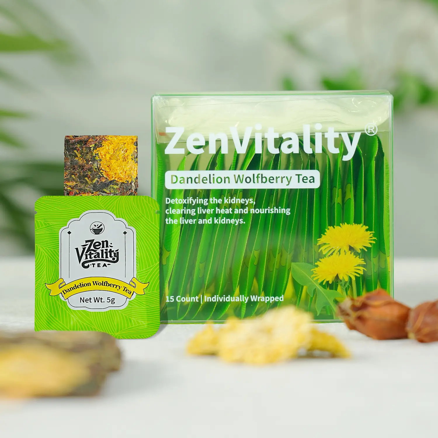 Dandelion Wolfberry Tea Natural 7-Herb Blend, 15 Individually Wrapped 5g Pressed Tea Cakes