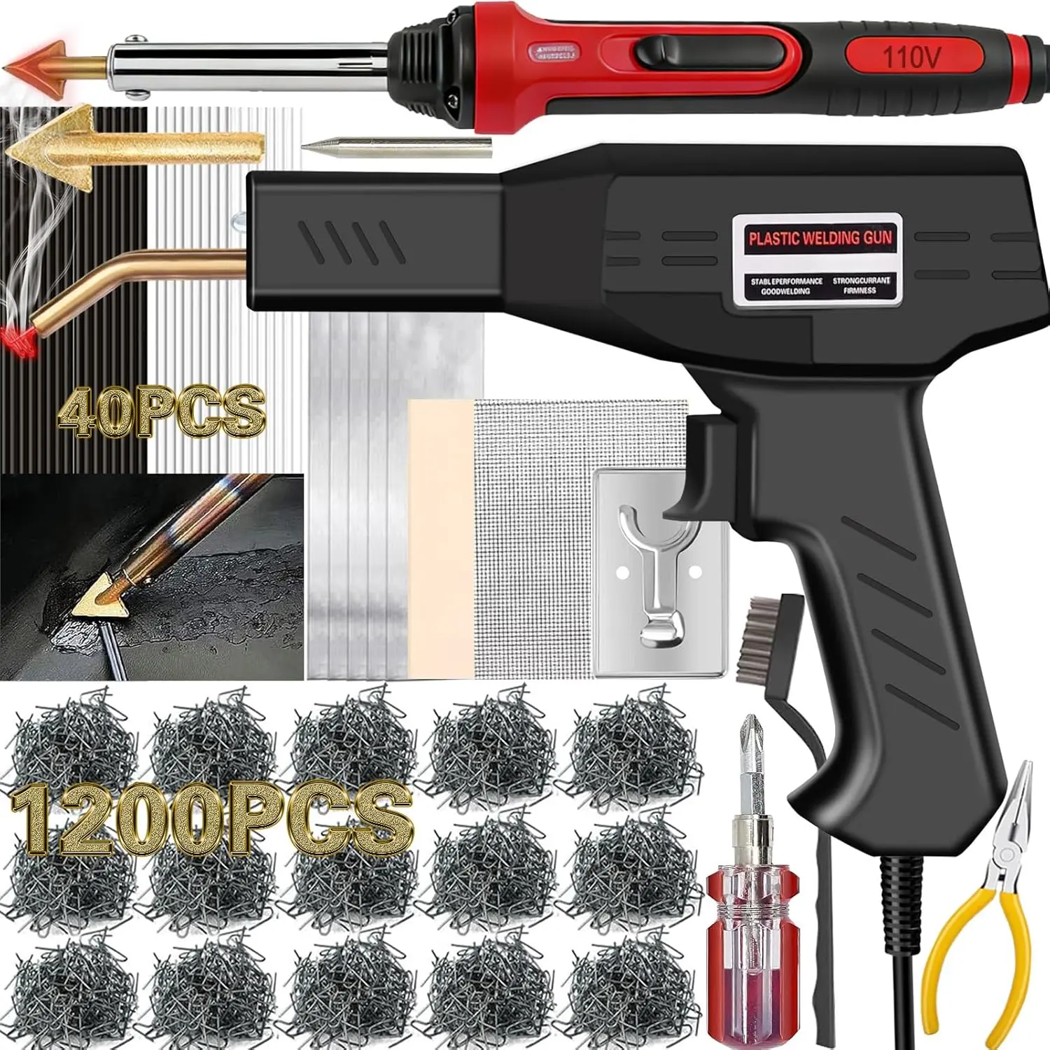 220W Plastic Welder, 1200PCS Staples 40PCS Rods Plastic Welding Kit, 5 in 1 Welding Tips Tape Sandpaper Wire Mesh Stand Metal Brush Screwdriver Plastic Welder Kit Bumper Repair Kit (Black)