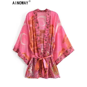 Star and Moon Floral Print Sashes Bohemian Kimono Women v Neck Batwing Sleeves Happie Short Robe Dress Boho Cover-Ups