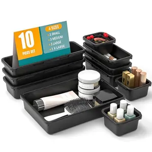 10 PCS Drawer Organizer Set, 4 Size Makeup Drawer Divider Organizer With Non-Slip Pads, Interlocking Plastic Storage Bins for Office,Jewelry Vanity,Gadgets, Bathroom,Kitchen, Black