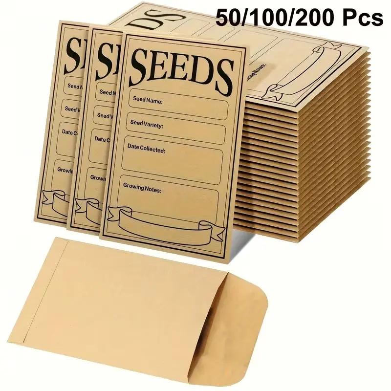 50/100/200 Seed Envelopes, Reusable Design Sealed Secure Closure Seed Packets, Safe Small Compact Size Envelopes for Vegetable Garden Seeds, Seed Storage Envelopes, Multiple Quantities, Supplies