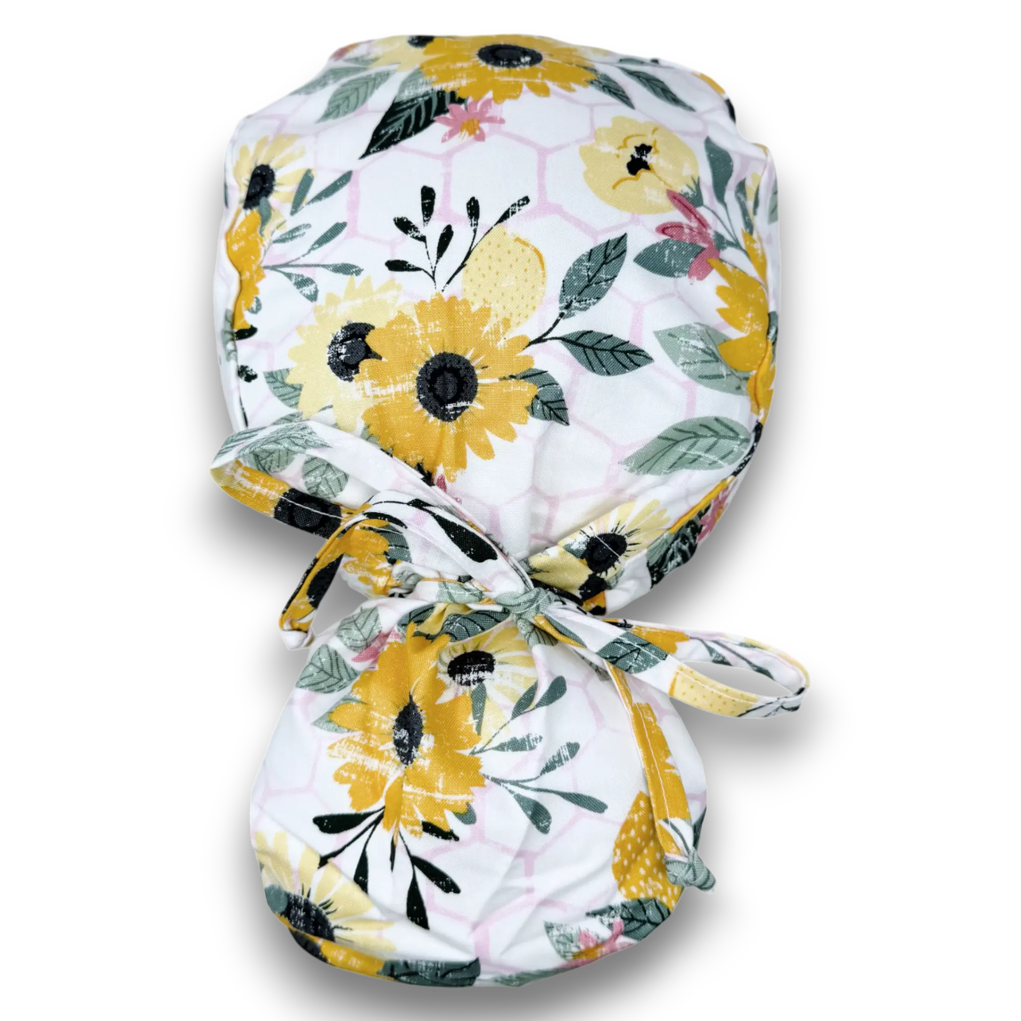 Sunflower Ponytail scrub cap for women with satin lined option by Paradise Caps.