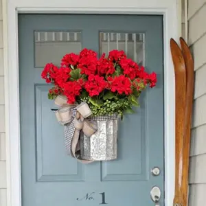 [Artificial Spring Wreath Decor] 1Pc Red Geranium Bucket Wreath for Front Door, Versatile Decor Farmhouse Colorful Cottage Wreath Artificial Spring Summer Wreath Welcome Wreath with Burlap Bow for Front Door Wall Window Home Decoration