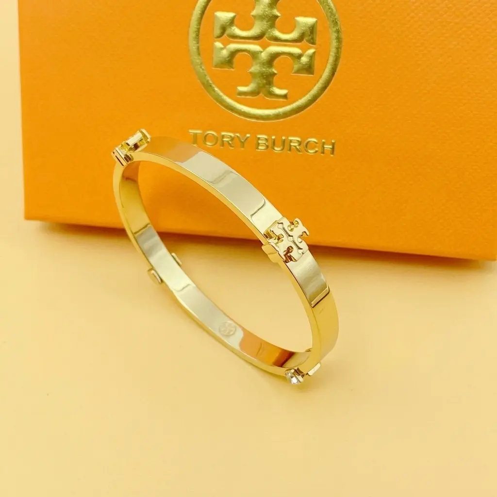 Tory Burch Women Round Hinged Bangle, Signature Logo Metal Bracelet in Multi-Tone Finishes