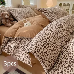 3-Piece Duvet Cover Set (1 Decorative Duvet Cover + 2 Pillowcases), French Vintage Leopard Print Duvet Cover, Comfortable Breathable Soft Polyester Bedding, Nordic Light Mature Style Dark Brown Duvet Cover Set