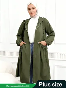 Plus Size Solid Adjustable Drawstring Zip Up Hooded Coat Jackets, Casual Long Sleeve Pocket Outerwear for Fall & Winter, Modest Women's Clothes for Daily Wear, Womenswear