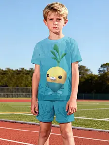 Blues Little Radish Two-Piece Set, short-sleeved shirt and shorts, 100% polyester casual loose fit set, fun printed pattern for summer, outdoor sports T-shirt set, perfect gift for boys