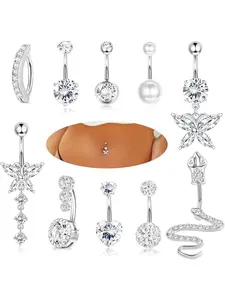 10Pcs 14G Belly Button Bars for Women Surgical Steel Pink Blue Belly Bar CZ Butterfly Snake Clicker Navel Rings Belly Piercing Set Body Piercing Jewellery Body Piercings Set Navel Piercing Jewelry