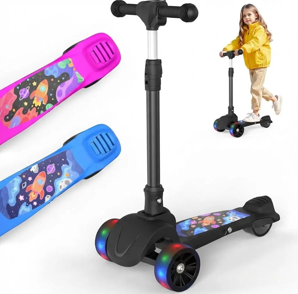 Kids' 3-Wheel Electric Scooter with Adjustable Height, Foldable Aluminum Frame, Light-Up LED Wheels, Lean-to-Steer Stability, 110 lbs Weight Capacity, Light Up Scooters, Toddler Scooters