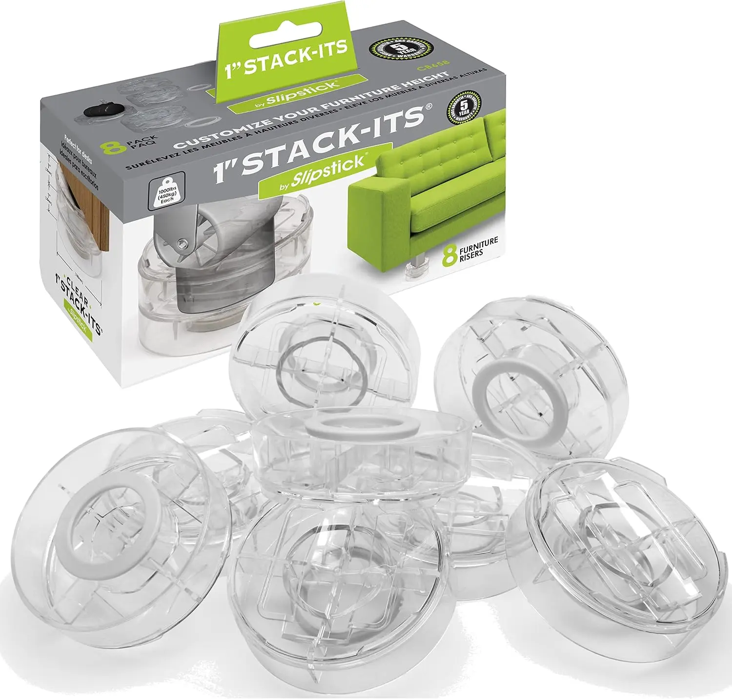 Slipstick CB658 Stack-Its 1 Inch Adjustable Bed Risers/Furniture Risers (Set of 8) Lifts Height 1", 2", or 3" When Stacked - Clear Heavy Duty Raisers
