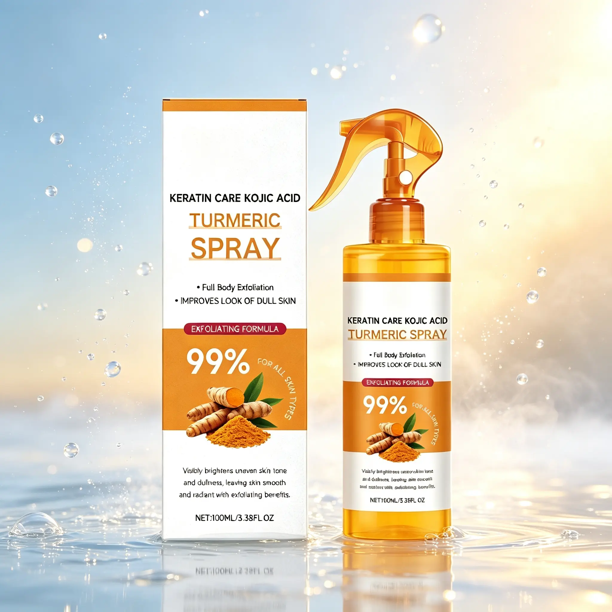 Turmeric Exfoliating Spray 100ml - Daily Body Care Nourishing Blend, Gentle Keratin Formula for Smoothing Full Body Exfoliation, Refreshed Skin, Beauty Products, Spray Then Rub