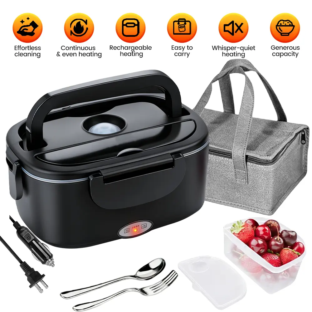 Electric Heated Lunch Box, Fast Heating 304 Stainless Steel Food Warmer, Portable Lunchbox with Cutlery & Insulated Carry Bag for Home, Office & Travel