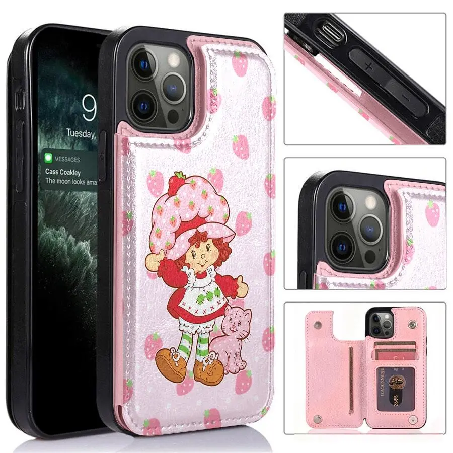 Blush Pink Strawberry Cat Leather-Feel Cellphone Case for iPhone 17/16/15/14/13/12 - Shockproof, Drop & Scratch Protection, Strong Magnetic Closure, Multi-Card Slot Wallet, Handheld Holiday Gift by Summerwins