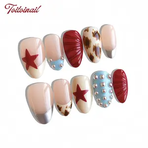 Western Star Handmade Press-On Nails | Short Almond Shape, 10pcs | Edgy Retro Western Star Design | Sheer Nude Base & Burgundy Star & Leopard Print & Shell Texture & Stud & Silver French Accents | Reusable DIY Nail Kit for Women | Trendy Nails for Spring
