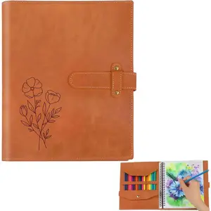 Personalized Flower Leather Sketchbook Cover with 24 Color Pencils Sketch Pad Cover Name Leather Book Cover Leather Journal Notebook Traveler's Sketchbook Gifts for Students Teacher Painter Artist