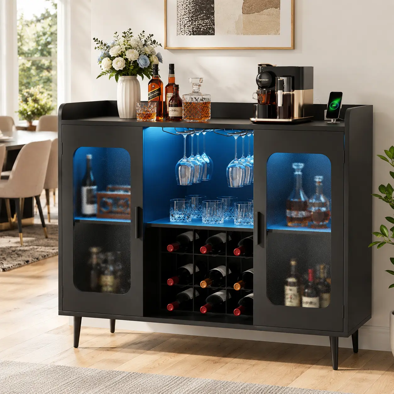 Homieasy LED Light Wine Cabinet, Liquor Wine Cabinet Bar with Power Outlet, Wine Bar Cabinet with Wine Bottle Rack, Home Coffee Bar Cabinet with Storage Shelf for Kitchen, Dining Room
