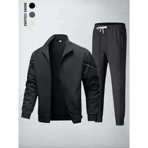 Men's Solid Zip Up Jacket & Pants Two-piece Set, Regular Fit Casual Fashion Cozy Breathable Two Piece Outfits for Daily Outdoor Wear, Men's 2 Piece Set, Men Clothes for Spring Fall, Solid Tracksuits Set