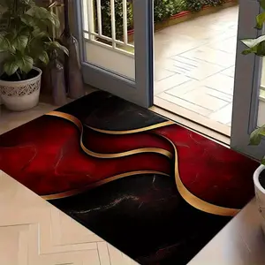 1pc Modern Style Carpet Doormat, Decorative Area Rug Mat, Red and Black Background with Elegant Curves Metal, for Bedroom Living Room Kitchen Home Indoor Holiday Decoration Fathers Day, Independence Day
