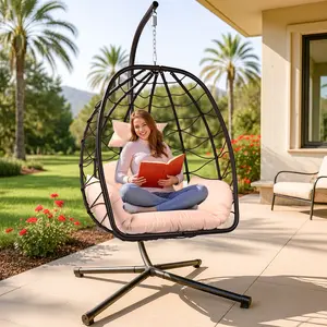 ZZWHOM Free Standing Swing Egg Chair - Thick Cotton Cushioned Vine Design, Heavy-Duty Stainless Steel Frame Patio Swing Furniture, 350lbs Capacity, 37.5in Oversized Full-Body Support Seat, 20 Min Assembly for Backyard Patio