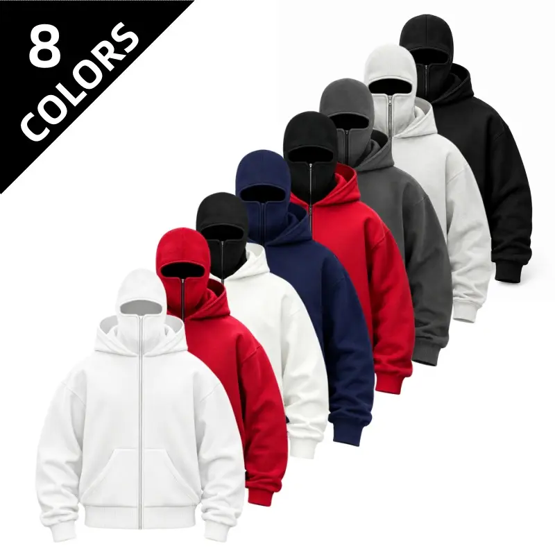 Men's Balaclava Zip-Up Hoodie, Solid Color Double-Layer Hooded Sweatshirt, Oversized Loose Fit Long Sleeve Jacket with Front Pockets