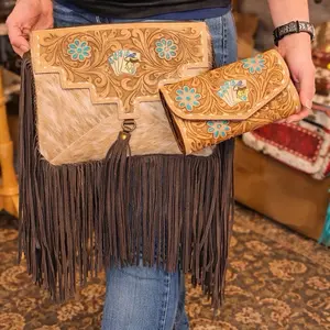 Western Tooled Leather Fringe Purse & Matching Wallet set