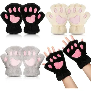 3 Pairs Cat Paw Gloves Kawaii Fur Plush Cat Bear Furry Paws Winter Fingerless Gloves for Girls Women Halloween Cosplay Animal Claw Gloves