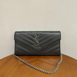 Pre-owned Yves Saint Laurent Cowhide caviar Clutches & Wristlets Dark Gray Silver Envelope Wallet on Chain Bgp214199