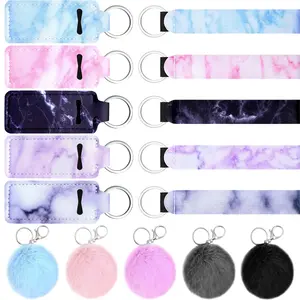 15pcs Marble Lipstick Holder Keychain Lip Balm Holder Set Lipstick Bags Set Includes Keychain Wristlet Lanyard, Marble Style Lip Balm Bag and Ball Pom Pom Accessory(Square)