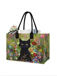 Large Capacity Cat Print Storage Bag, Durable Handle, Space Saving Multi-Purpose, Ideal for School, Travel, Shopping, Fashionable Shopping Bag, Reusable Shopping Bags