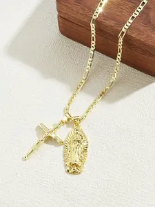 Elegant Virgin Mary Jesus Crucifix Pendant Necklace, Simple Copper Plated 14k Gold Religious Charm Jewelry, 60cm Figaro Chain Daily Wear, Cross Design Pendant