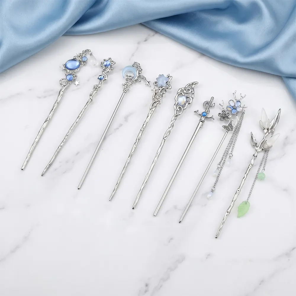 8 piece Star Moon Hair Sticks Retro Crystal Pearl Silver Hair Sticks Pins Metal Hair Sticks Fancy Headpieces Accessories Hair Chopsticks for Women Girls