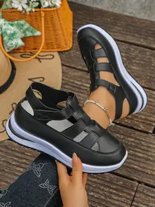 Women's Hollow Out Thick Sole Velcro Sports Sandals, Fashionable Breathable Sandals, Summer Breathable Height Boost Anti-Slip Soft Bottom, Casual Street Style