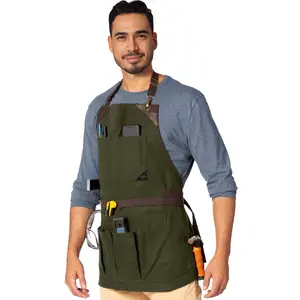 Tool Apron - 12 Pockets, Heavy-Duty Waxed Canvas, Leather Trim, NoTie - Woodwork, Garden, Shop