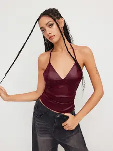 Deep V Neck Strapless Sleeveless Top, Y2K Style, Faux Leather, Side Ruching, Adjustable Halter Tie, Slimming Fit, Perfect for Outings and Dates, Women