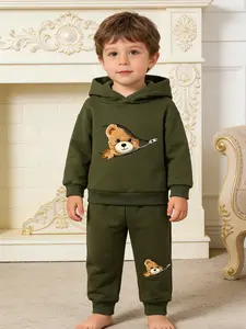 Spring Autumn Baby Boys Cartoon Print Fleece Hoodie and Pants Set, Baby Boy Clothes, Cute Two-Piece, Soft and Warm, Ideal for Infants