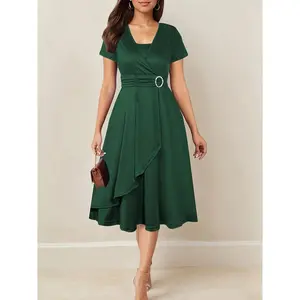 [Rhinestone Maroon Midi Dress] Maroon Chic Midi Dress - Rhinestone Detail, V-Neck, Asymmetrical Hem, Solid Color, Polyester Blend, Machine Washable, Short Sleeve, Crossed Waist